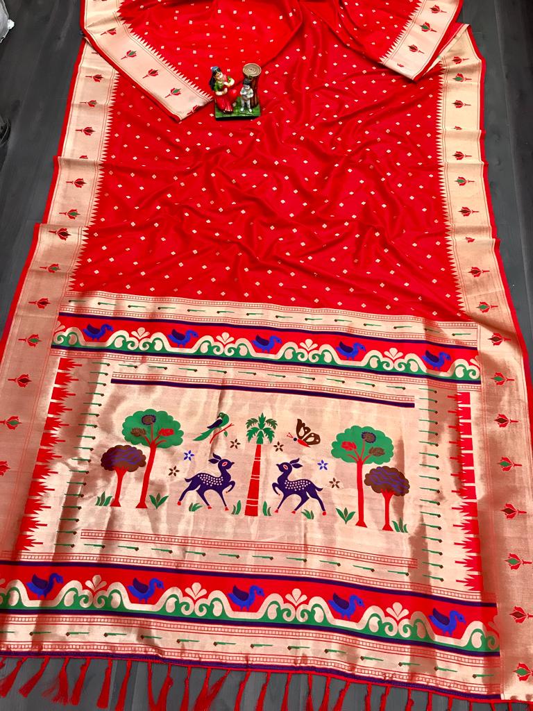 Red color lichi silk saree with blouse online