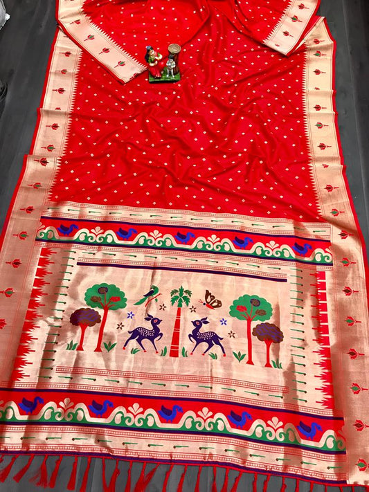 Red color lichi silk saree with blouse online