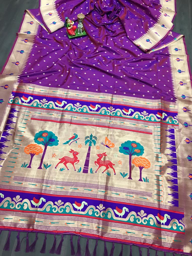 Purple color lichi silk saree with blouse images