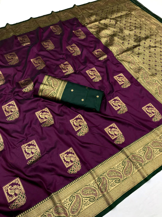 Wine color banarasi silk saree for wedding