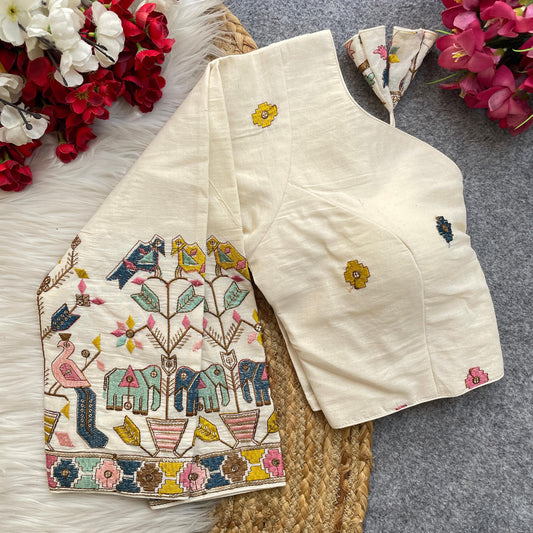 White color khadi cotton sarees blouse images