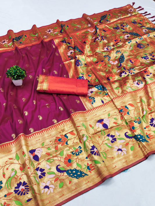 Wine color paithani silk saree for wedding