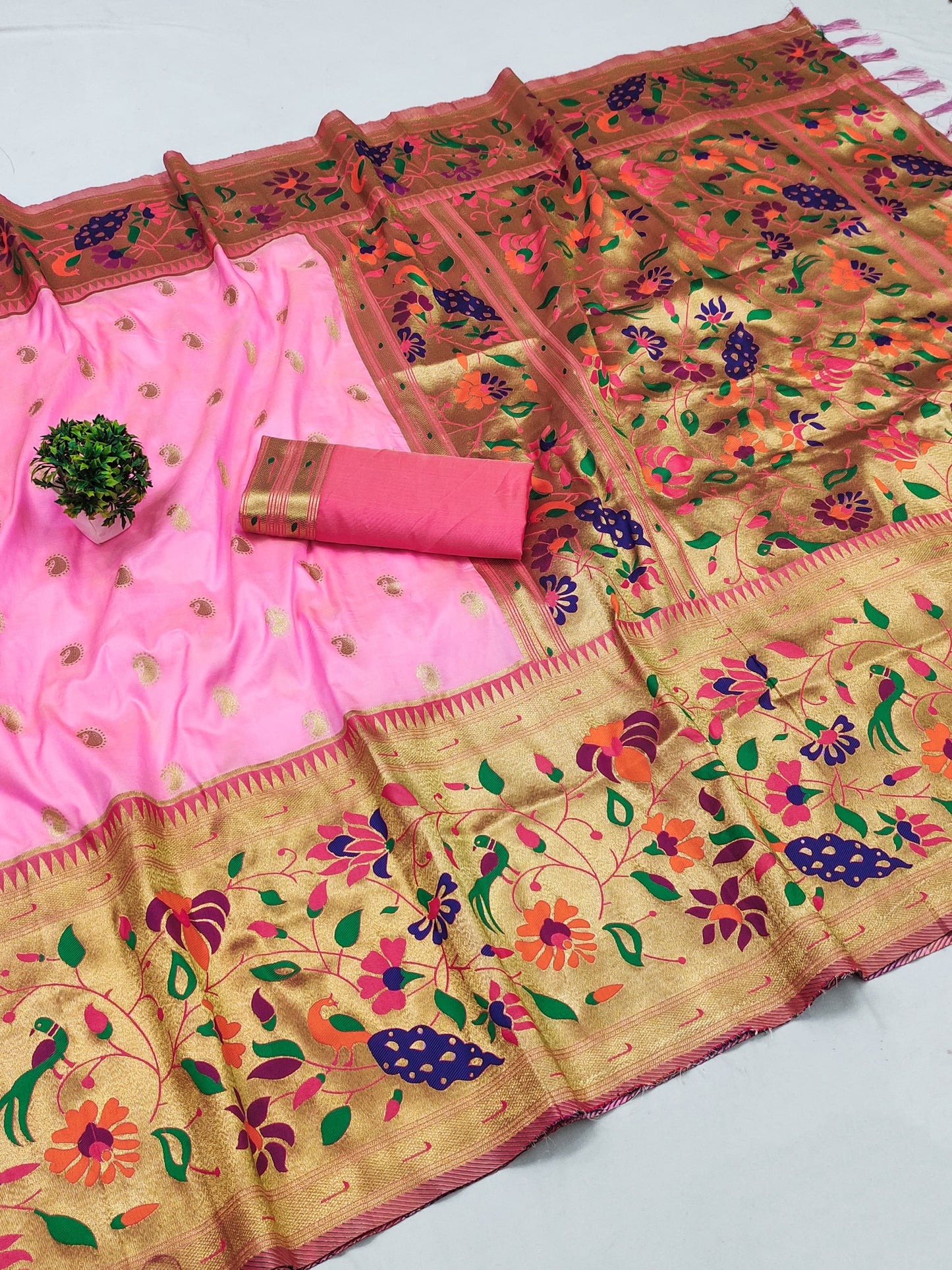 Light Pink color paithani silk saree with blouse price
