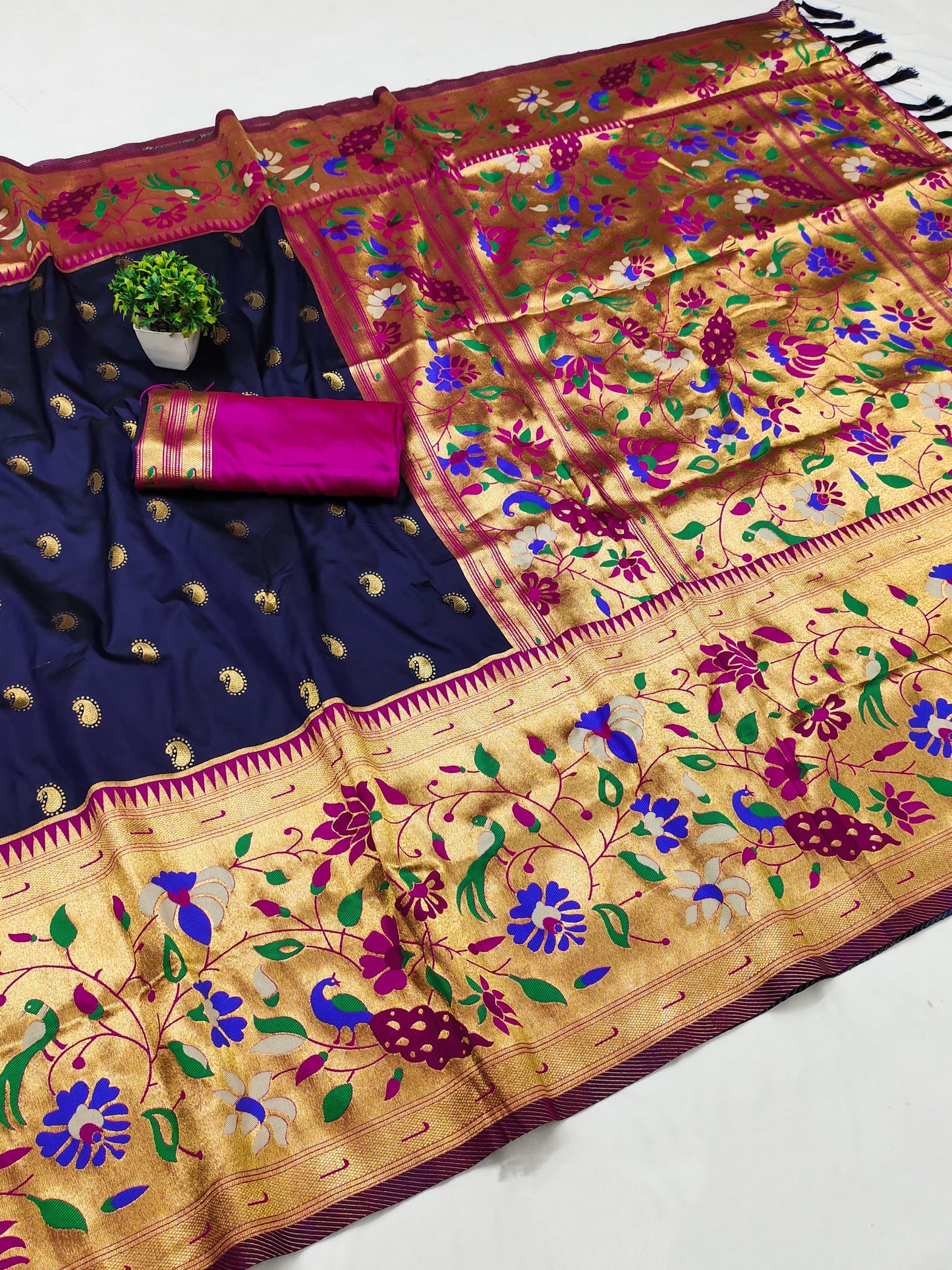 Navy blue color paithani silk saree with blouse