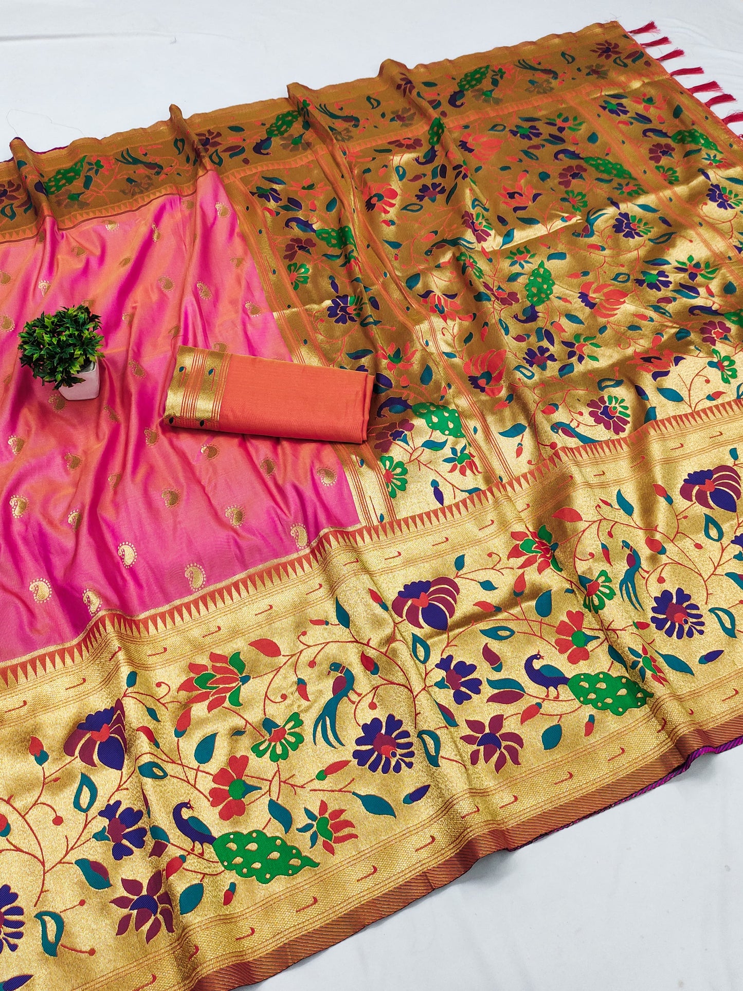 Peach color paithani silk saree with blouse design