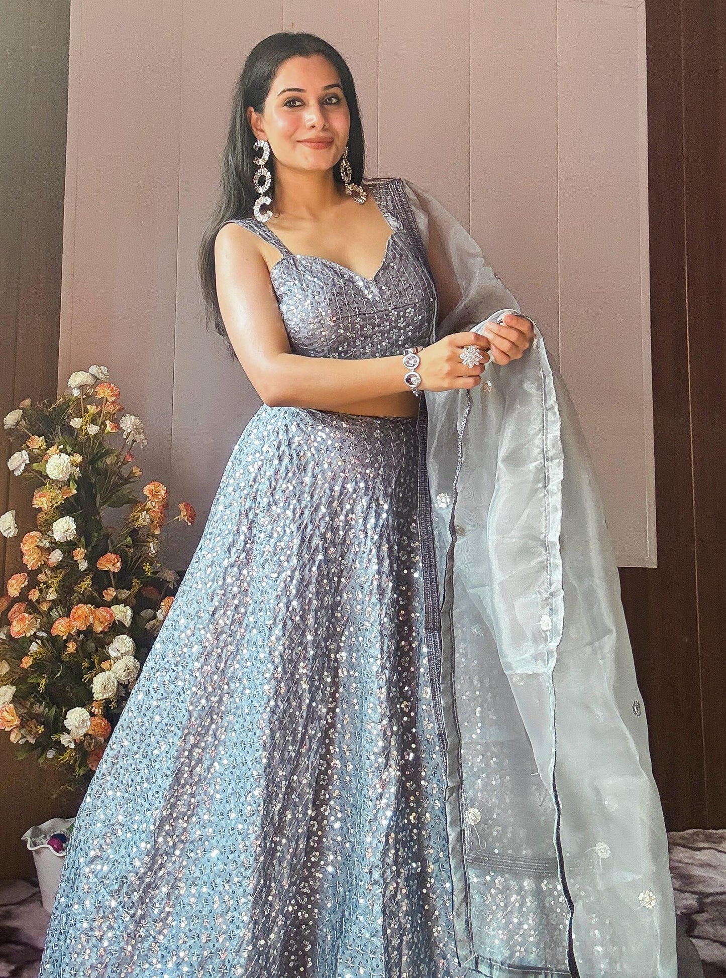 Grey kasturi crep silk lehenga choli for reception