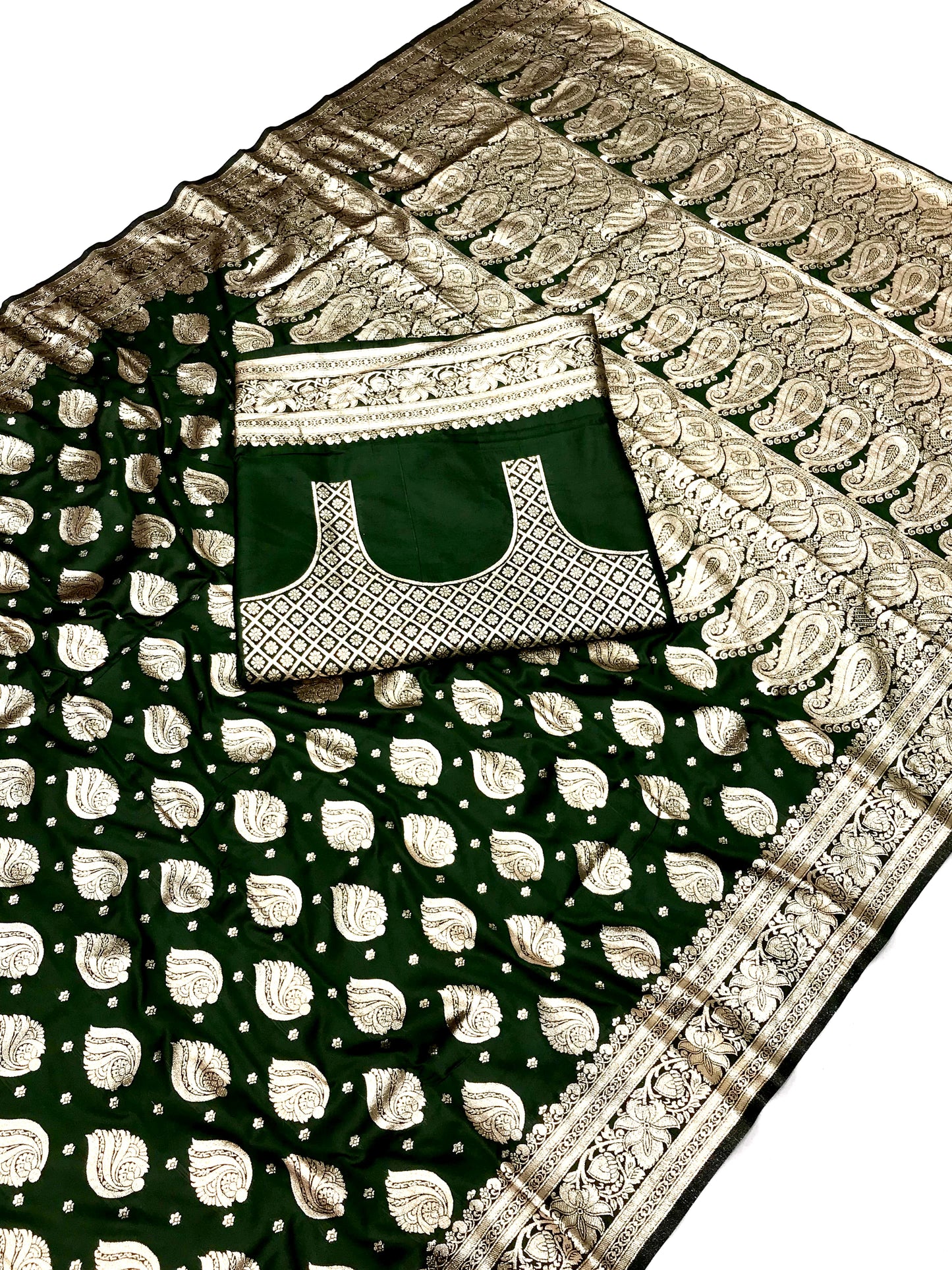 Green color banarasi silk saree with blouse images