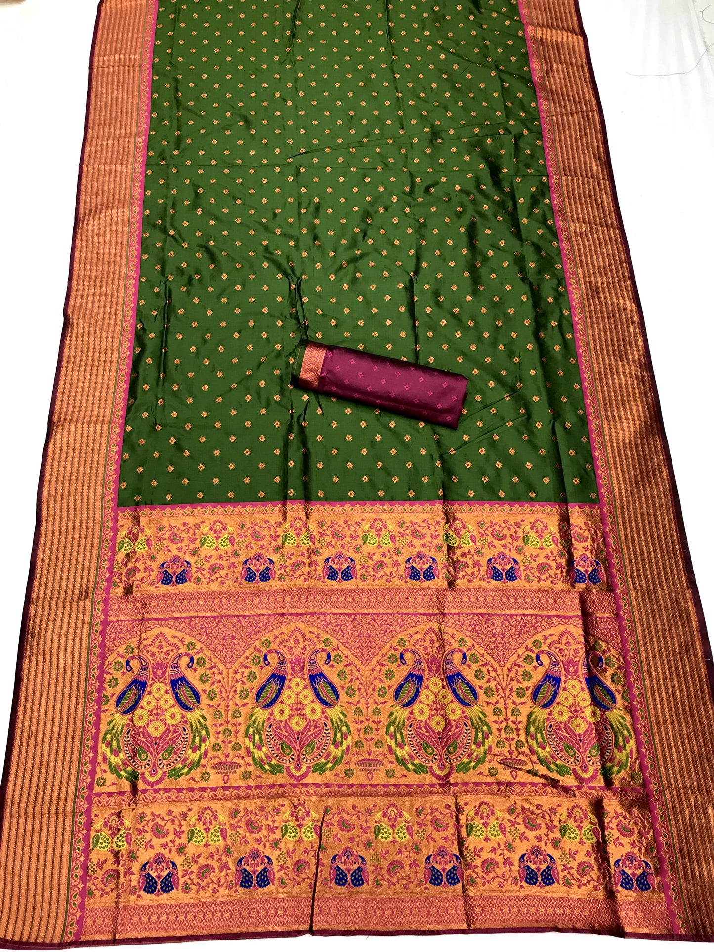 Mehendi color paithani silk saree with blouse online