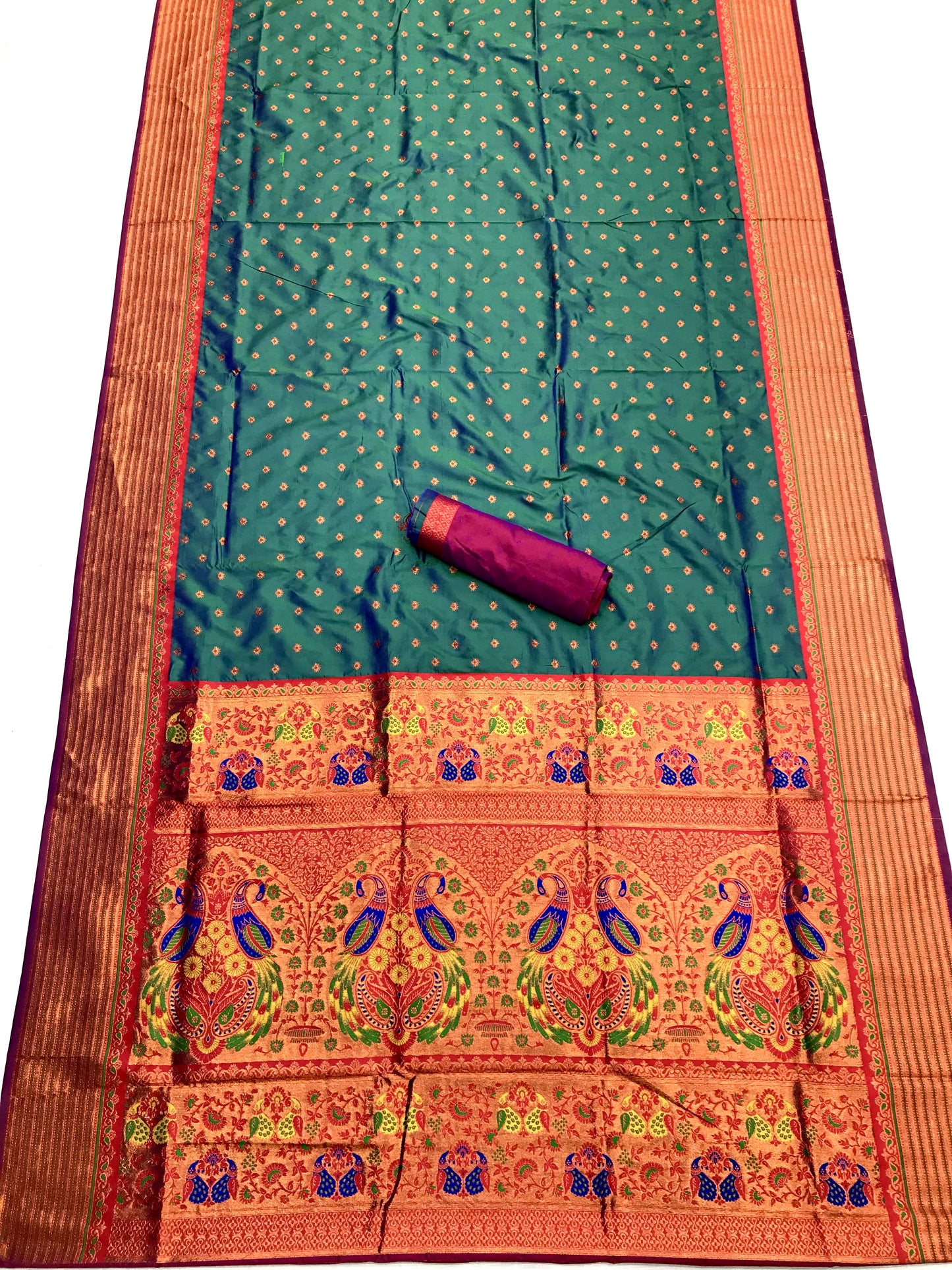 Teal color paithani silk saree with blouse images
