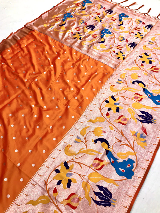 Orange color paithani silk saree for women
