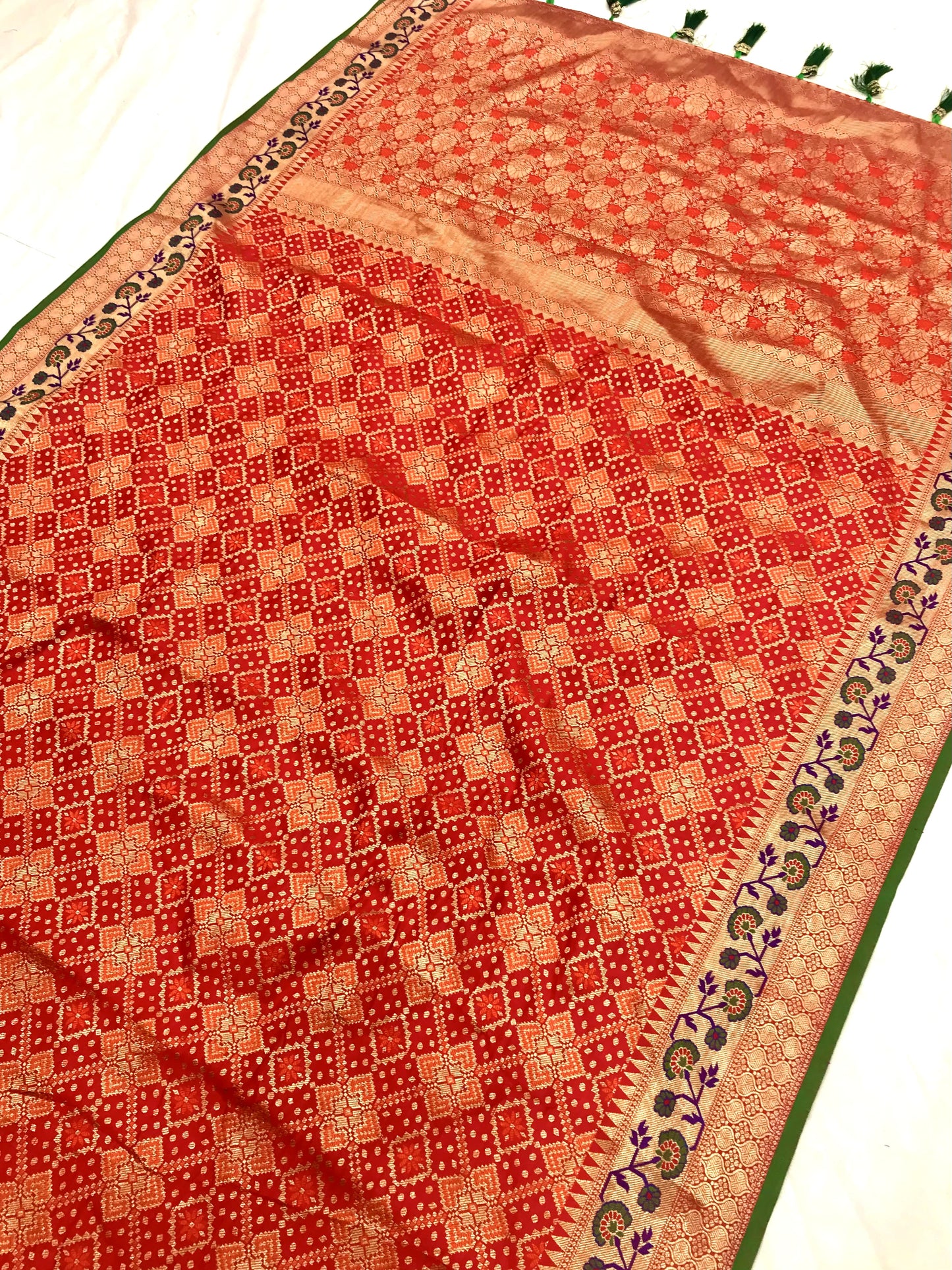 Red color banarasi silk saree with blouse images