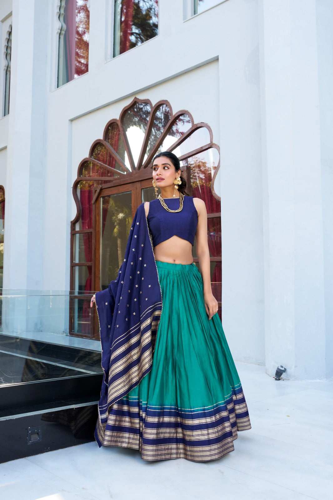 Firozi color chanderi lehenga choli for women
