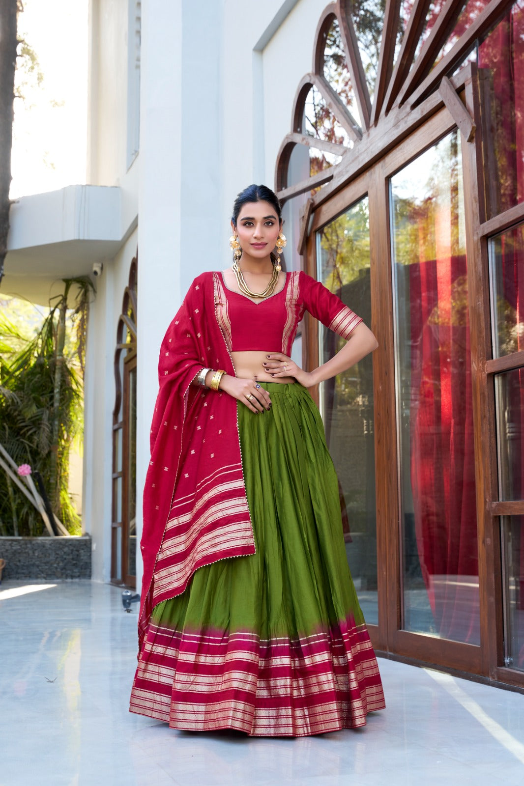 Mehendi color chanderi lehenga choli for women