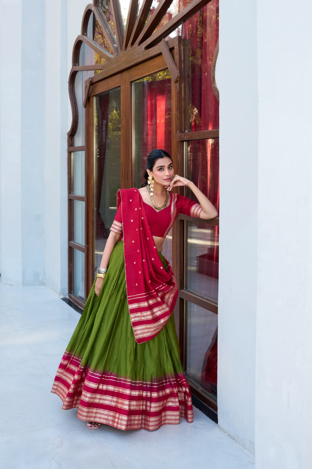Mehendi color chanderi lehenga choli for wedding