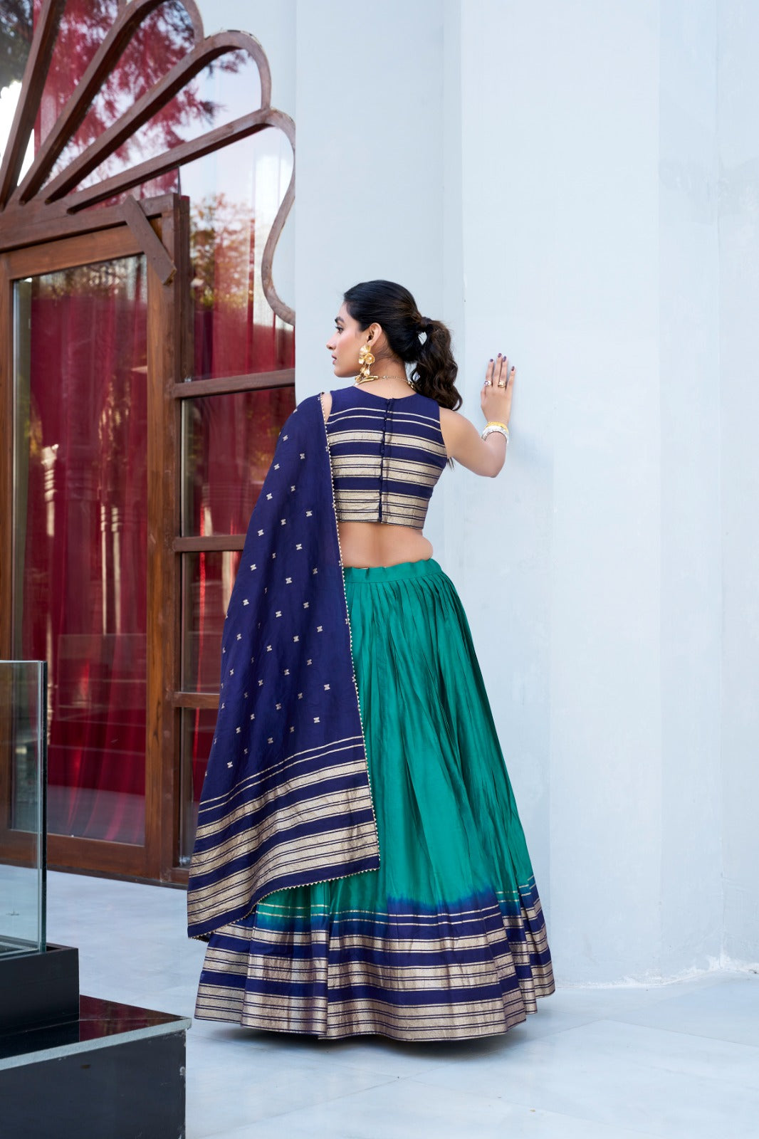 Firozi color chanderi lehenga choli for women price
