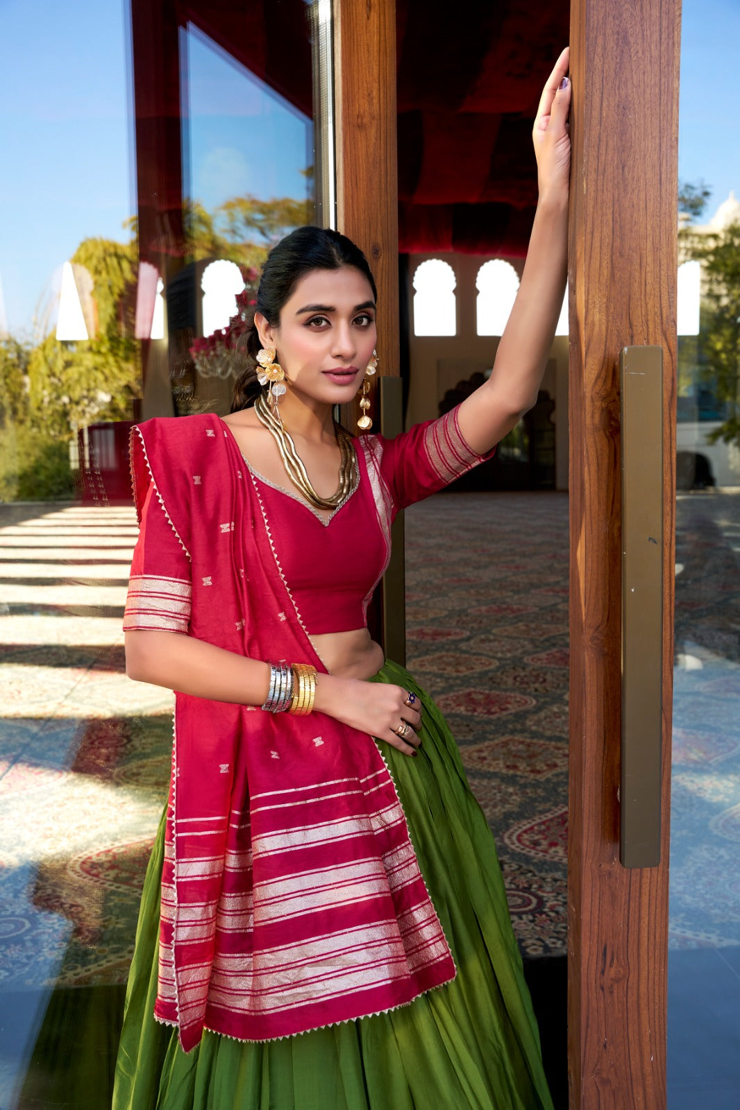 Mehendi color chanderi lehenga choli for women price