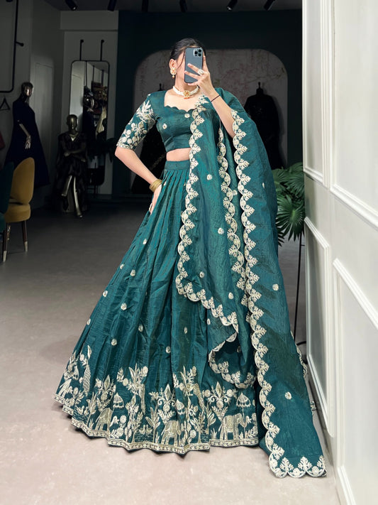 Teal green color gold crush lehenga choli for women with price