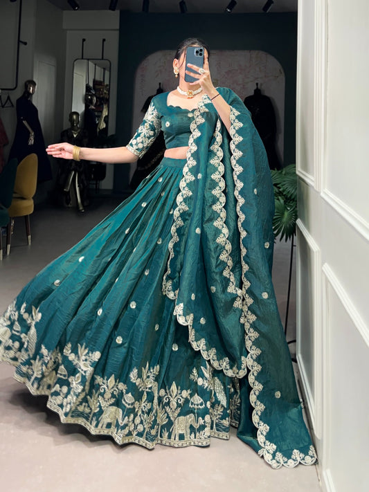 Teal green color gold crush lehenga choli for women online