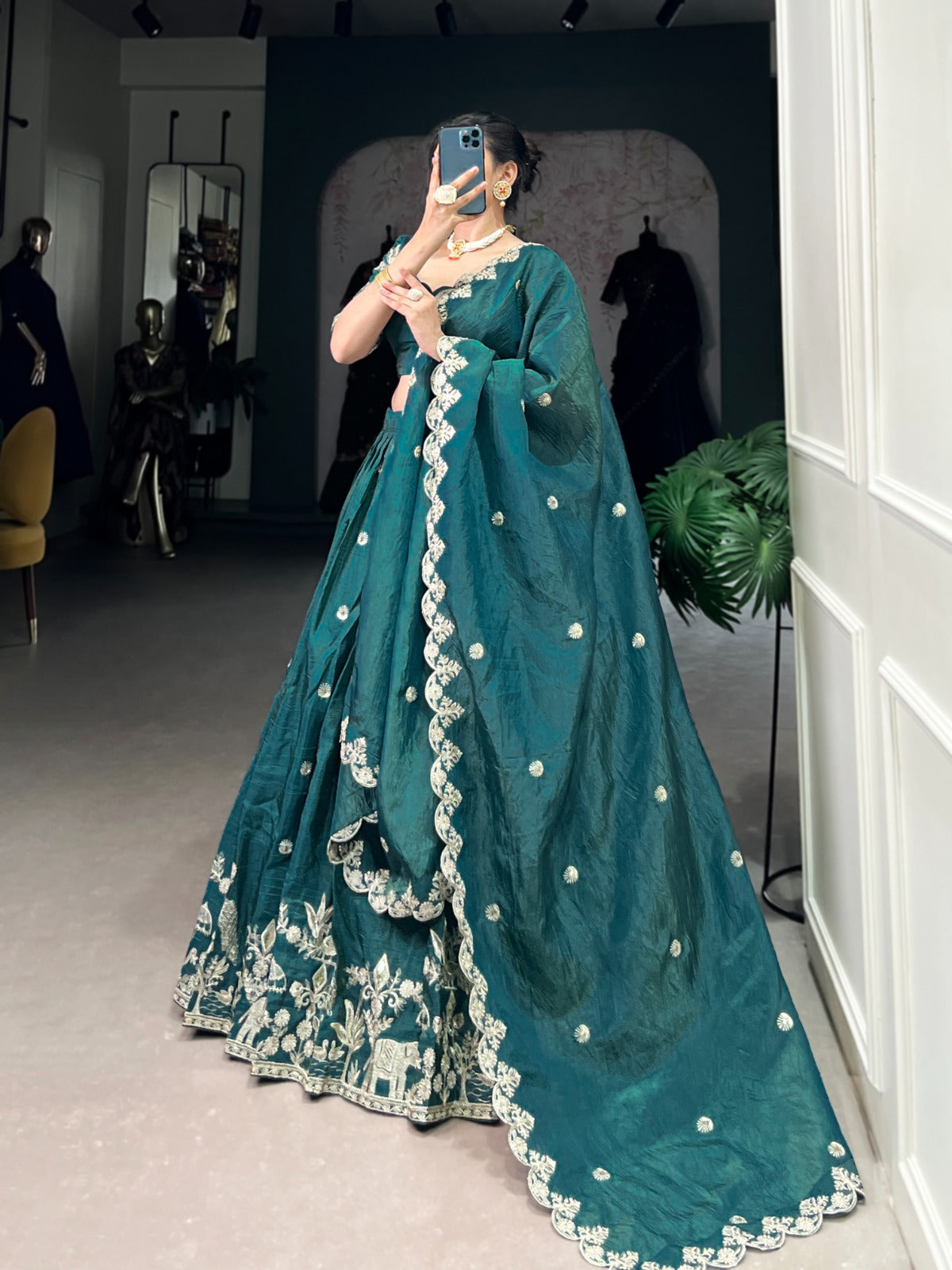 Teal green color gold crush lehenga choli for wedding