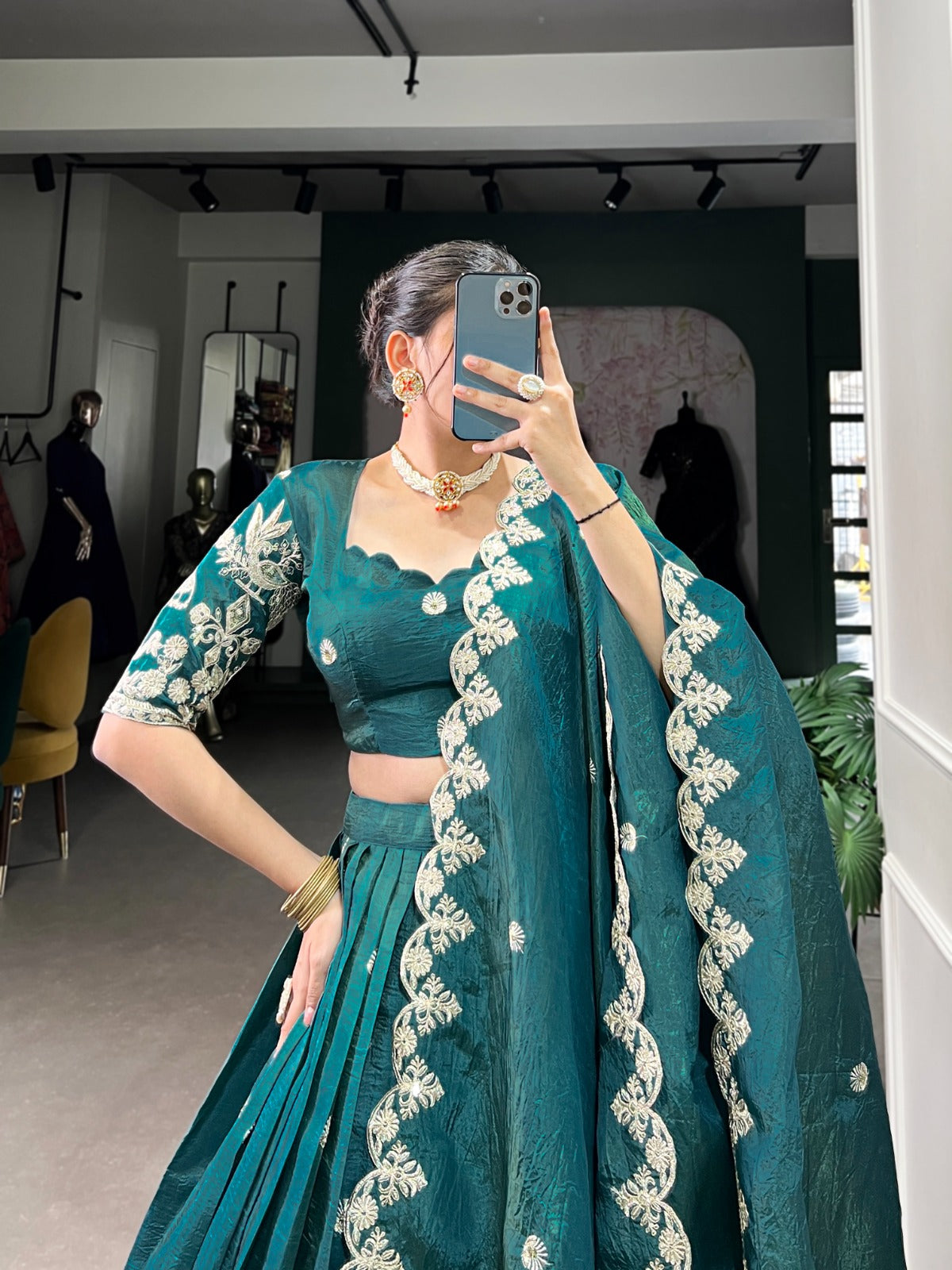Teal green color gold crush lehenga choli for women images