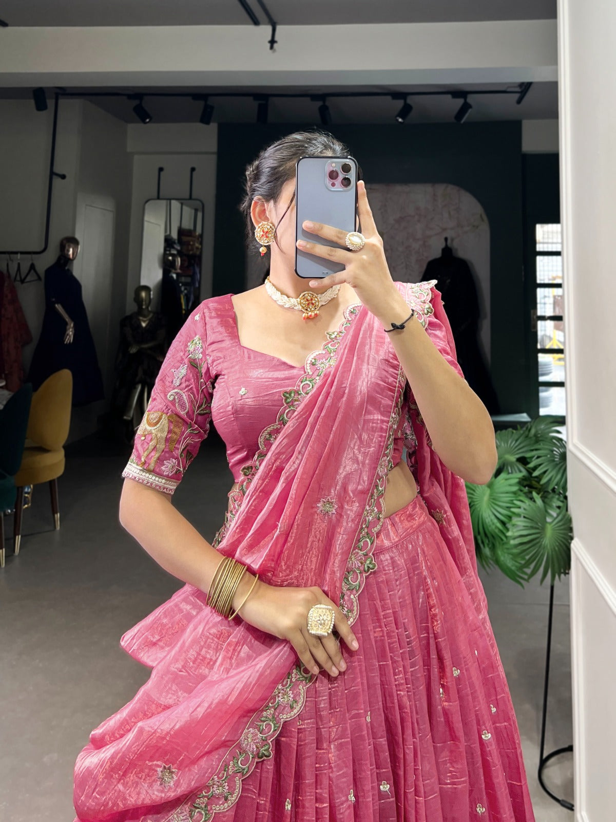 Pink color gold crush lehenga choli with dupatta price