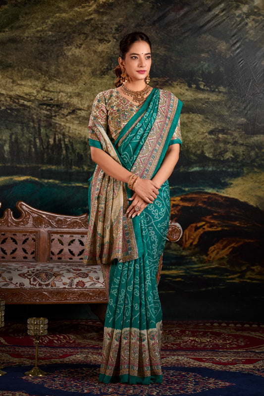 Green color silk printed lehenga choli for wedding