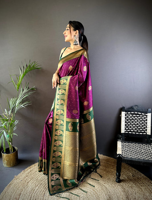 Wine color banarasi silk saree for wedding
