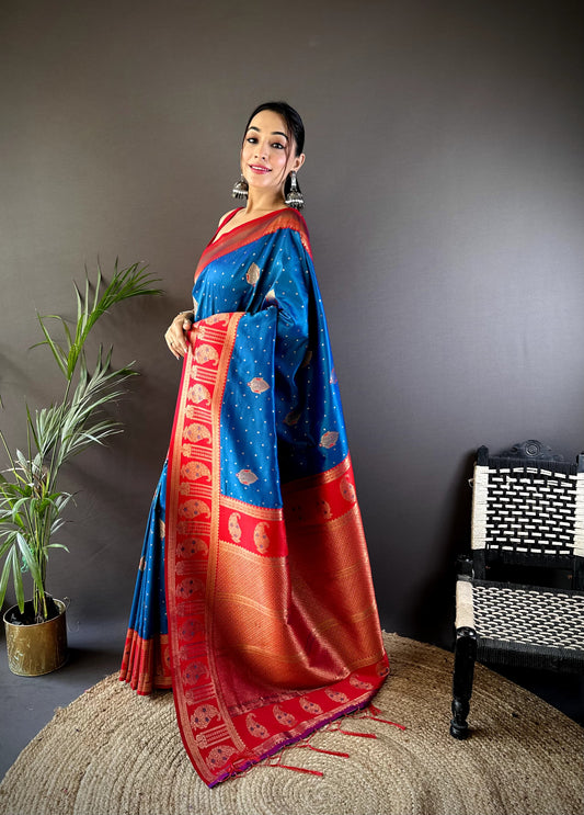 Teal blue color banarasi silk saree with blouse online