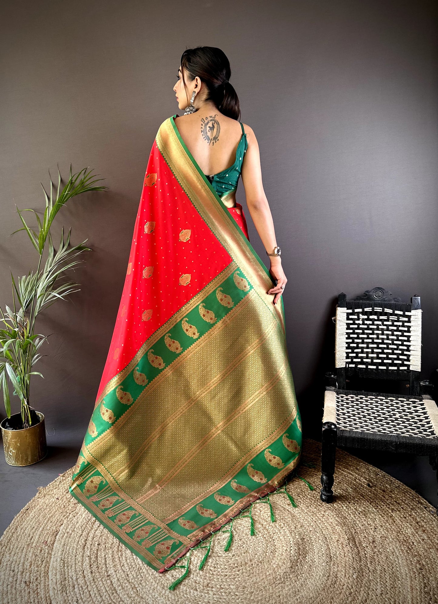 Red color banarasi silk saree with blouse design
