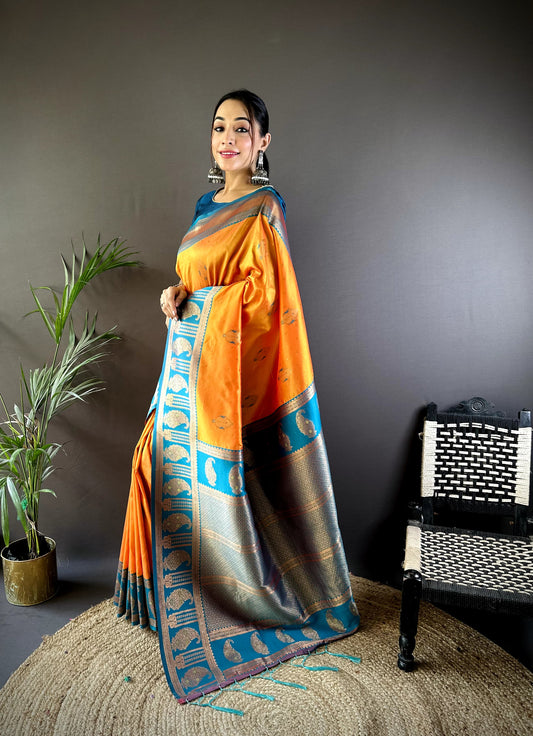 Yellow color banarasi silk saree for women