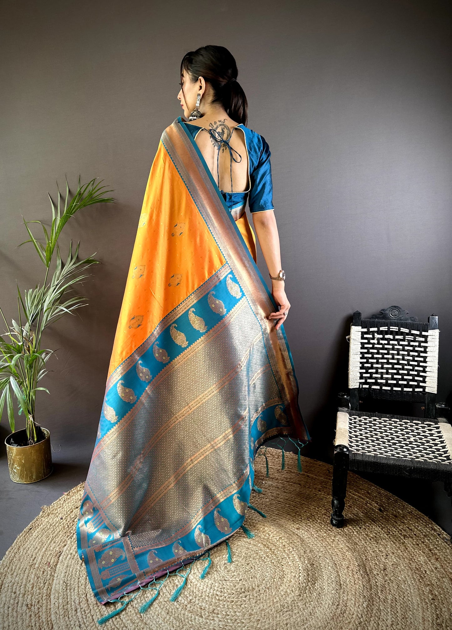Yellow color banarasi silk saree with blouse online