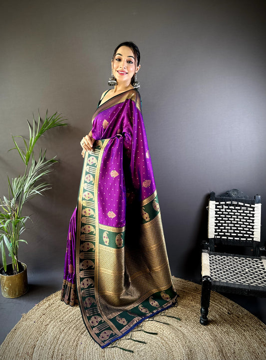 Purple color banarasi silk saree for wedding