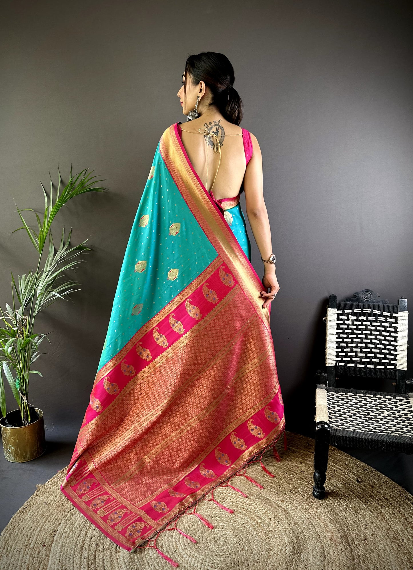 Rama color banarasi silk saree with blouse online