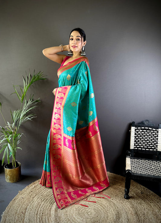 Rama color banarasi silk saree for wedding