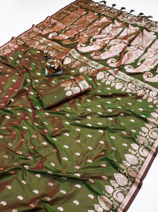 Mehendi color banarasi silk saree for women online