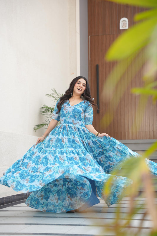 Sky color georgette long gown for party