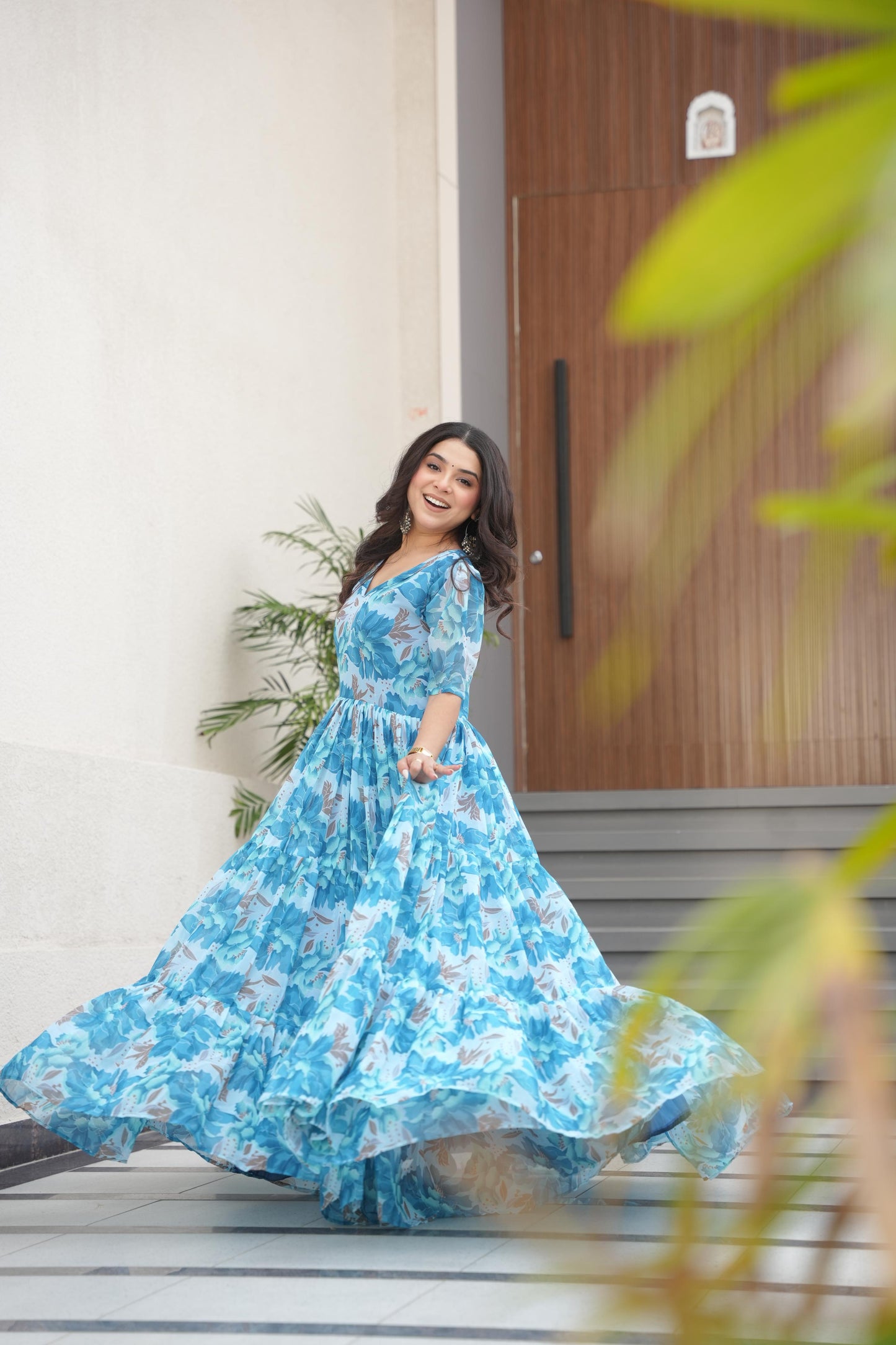 Sky color georgette long gown online