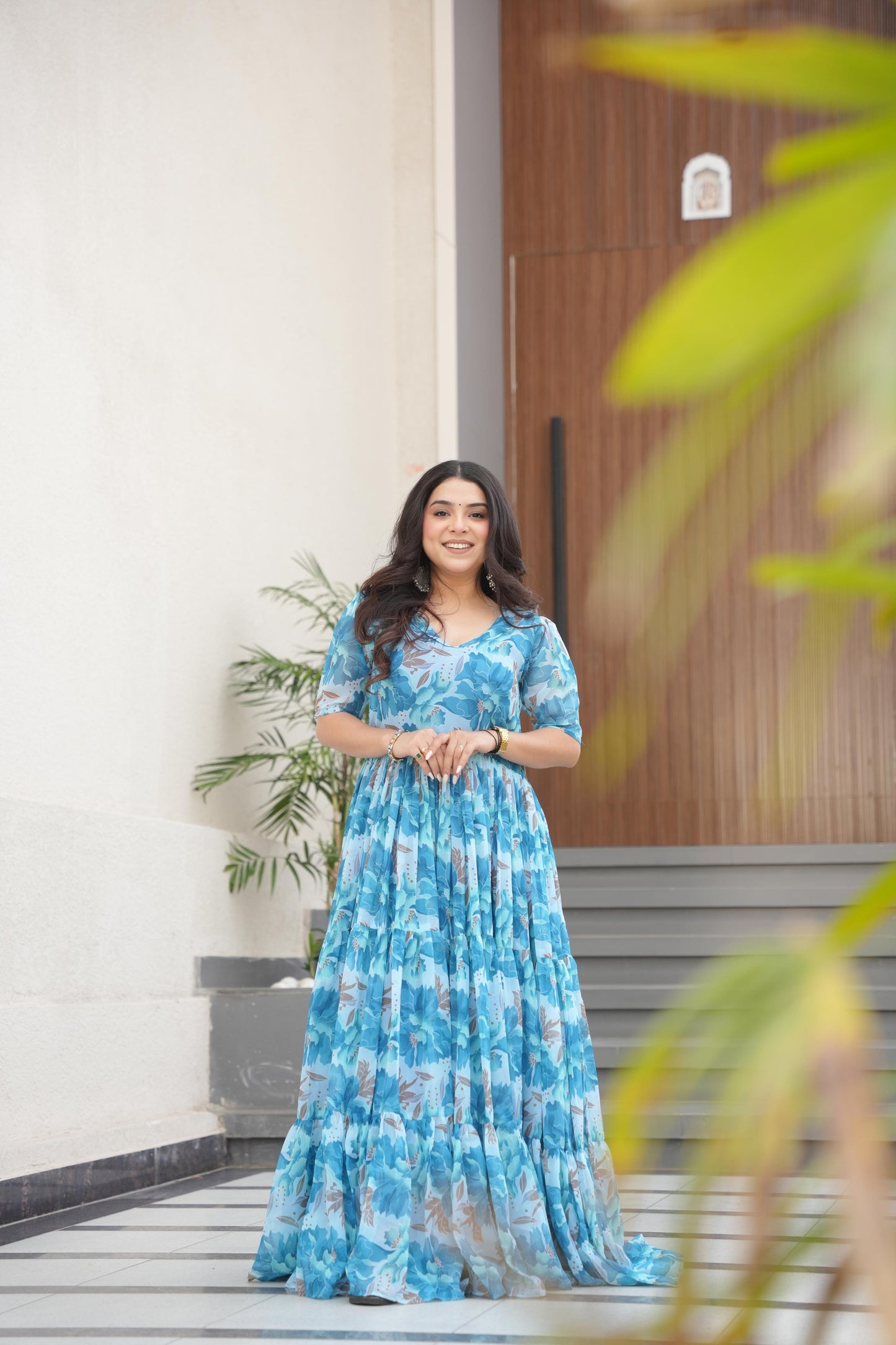 Sky color georgette long gown price