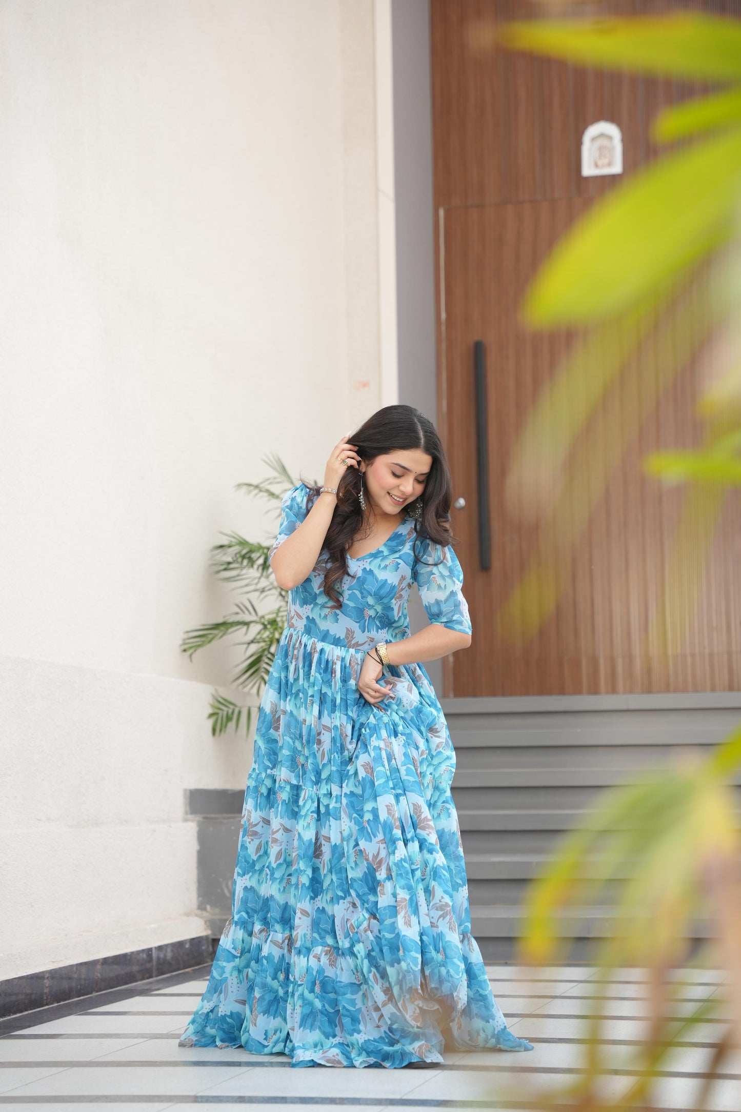 Sky color georgette long gown images
