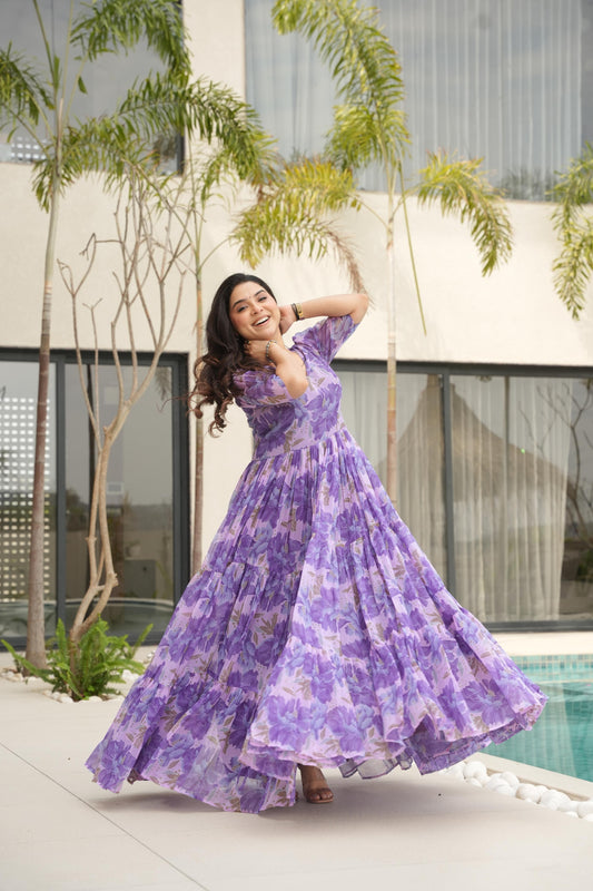 Purple color georgette printed long gown for women