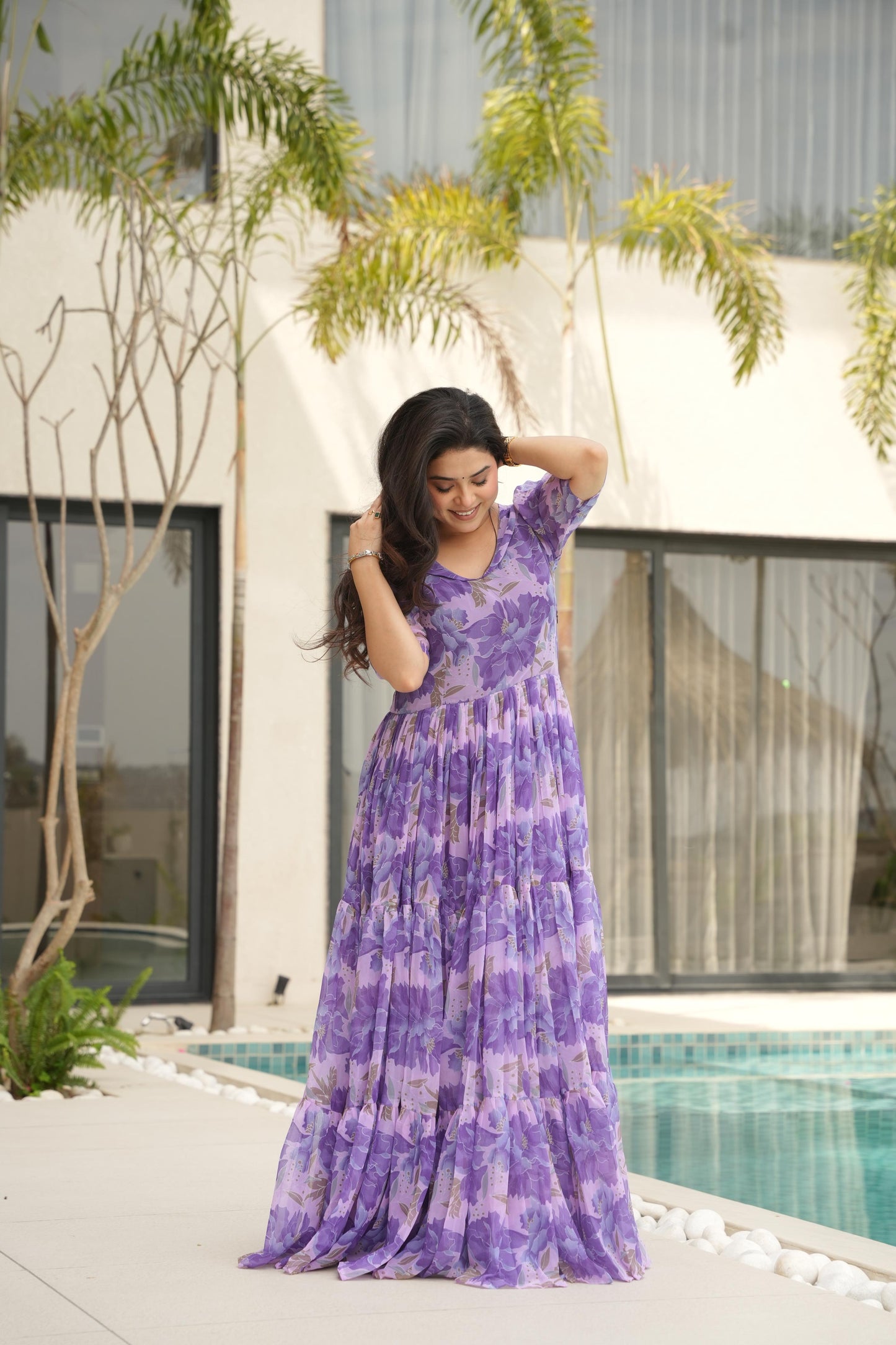 Purple color georgette printed long gown price