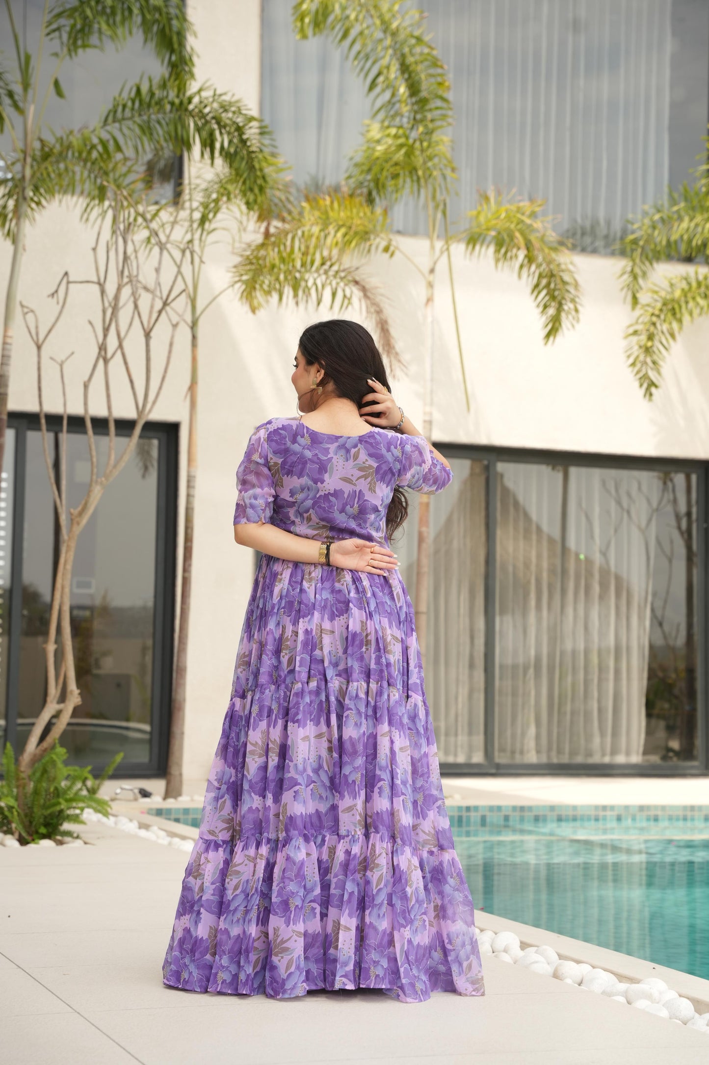 Purple color georgette printed long gown images