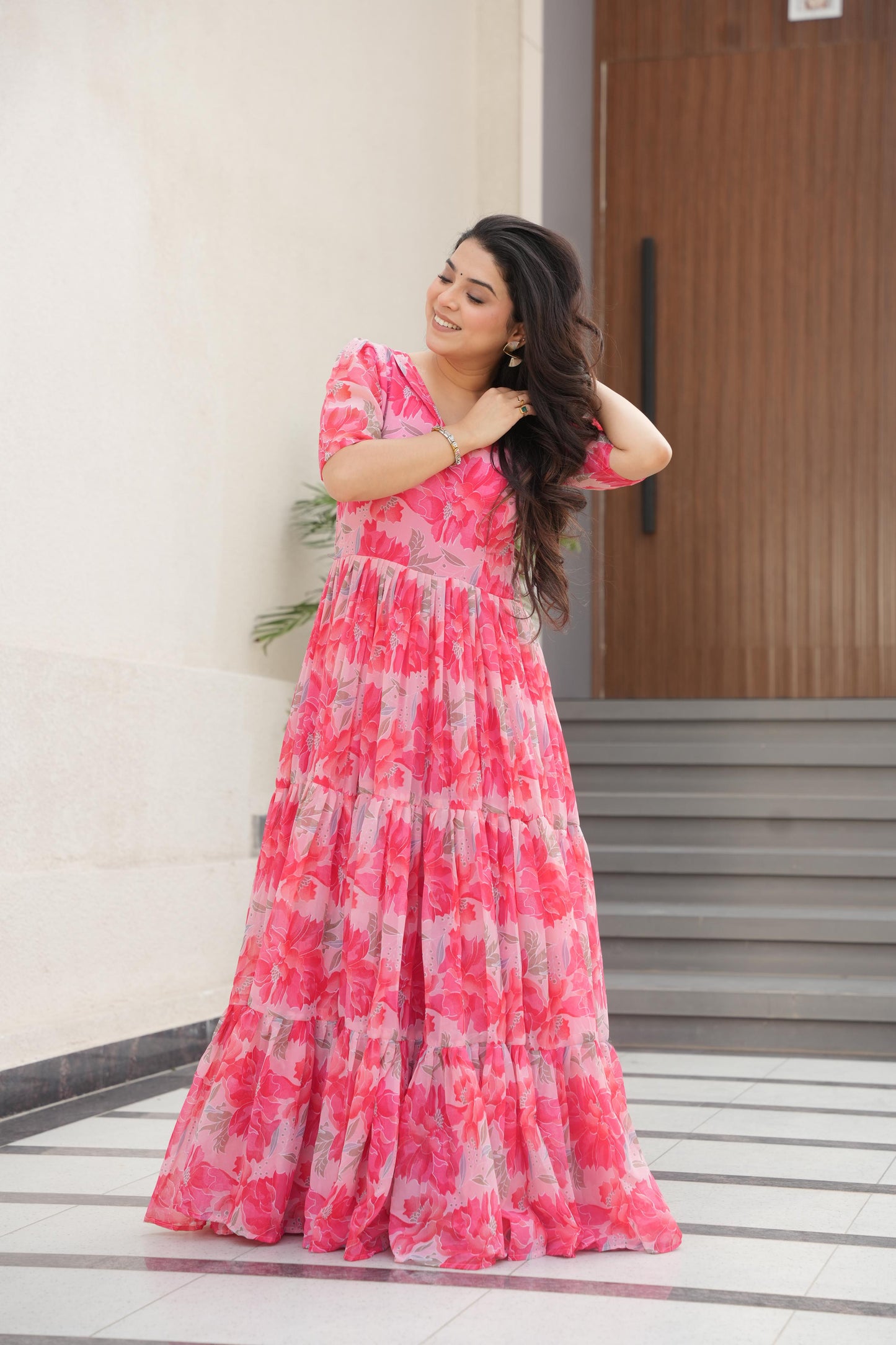 Peach color georgette gown for women design