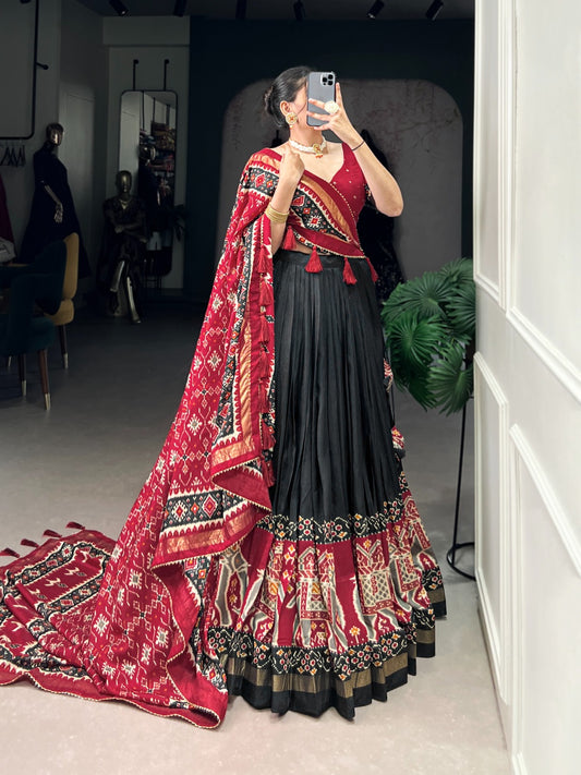 Black color tussar silk lehenga choli with dupatta online