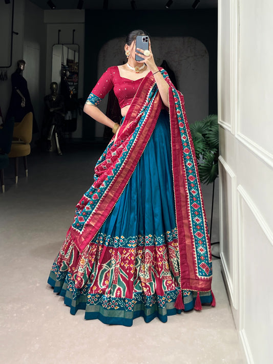 Teal color tussar silk lehenga choli with dupatta