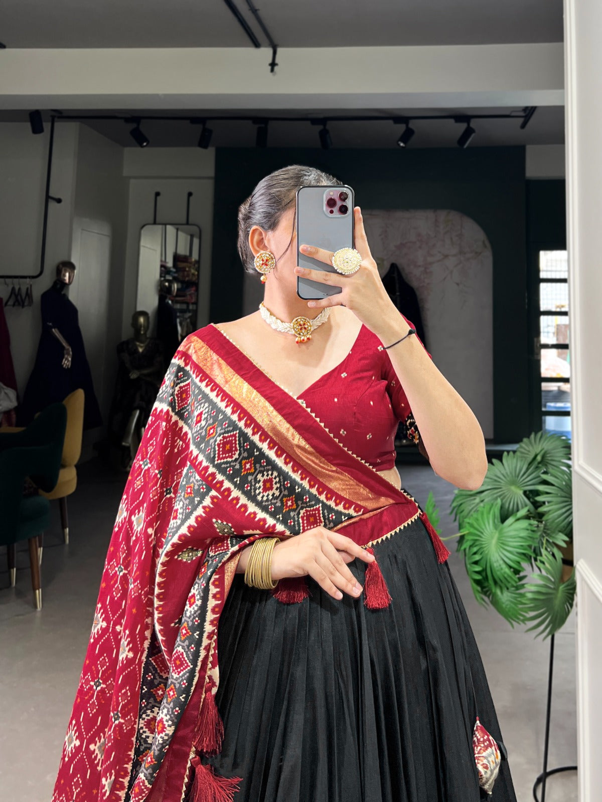 Black color tussar silk lehenga choli with dupatta images