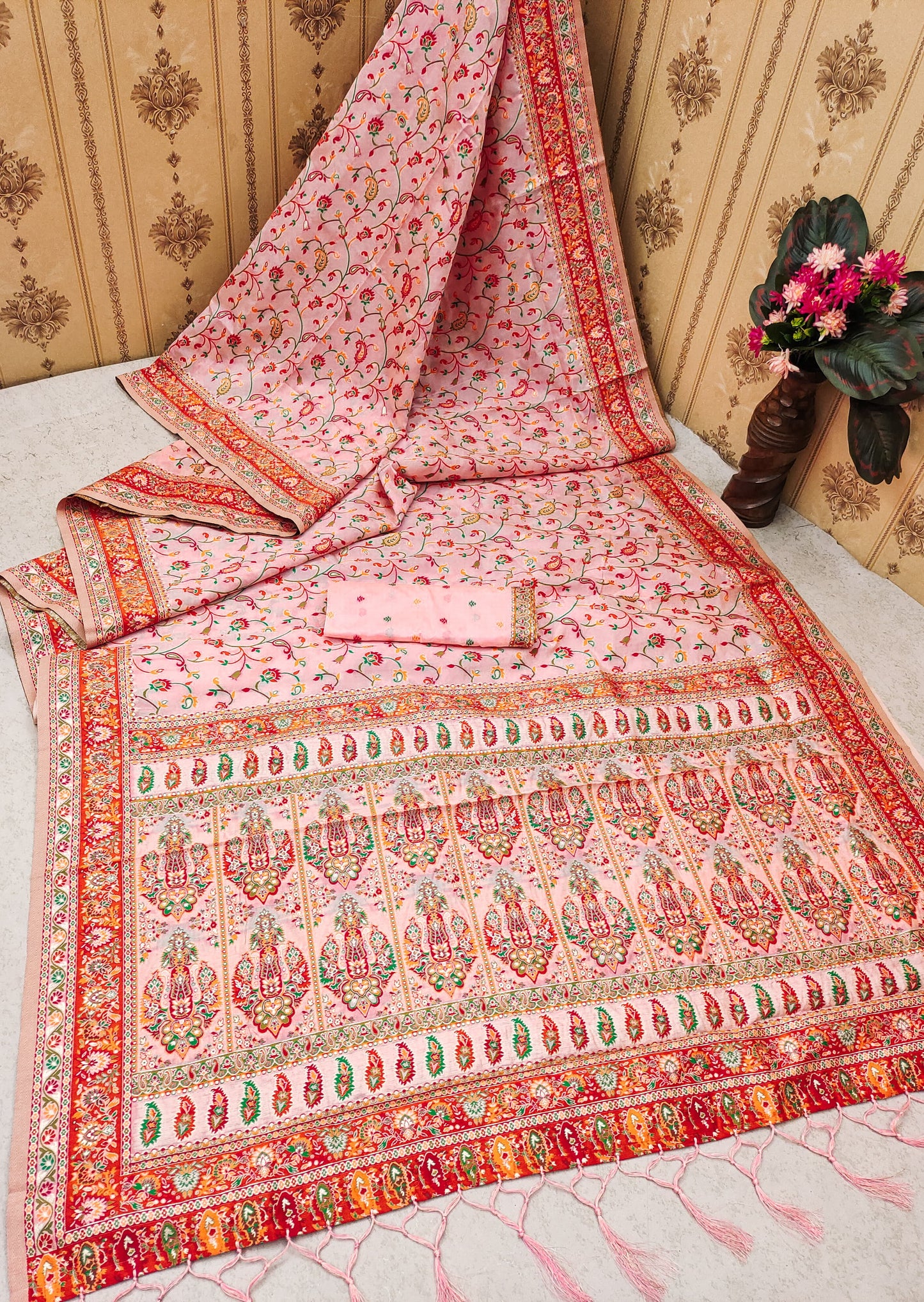 Pink color pashmina silk saree for wedding
