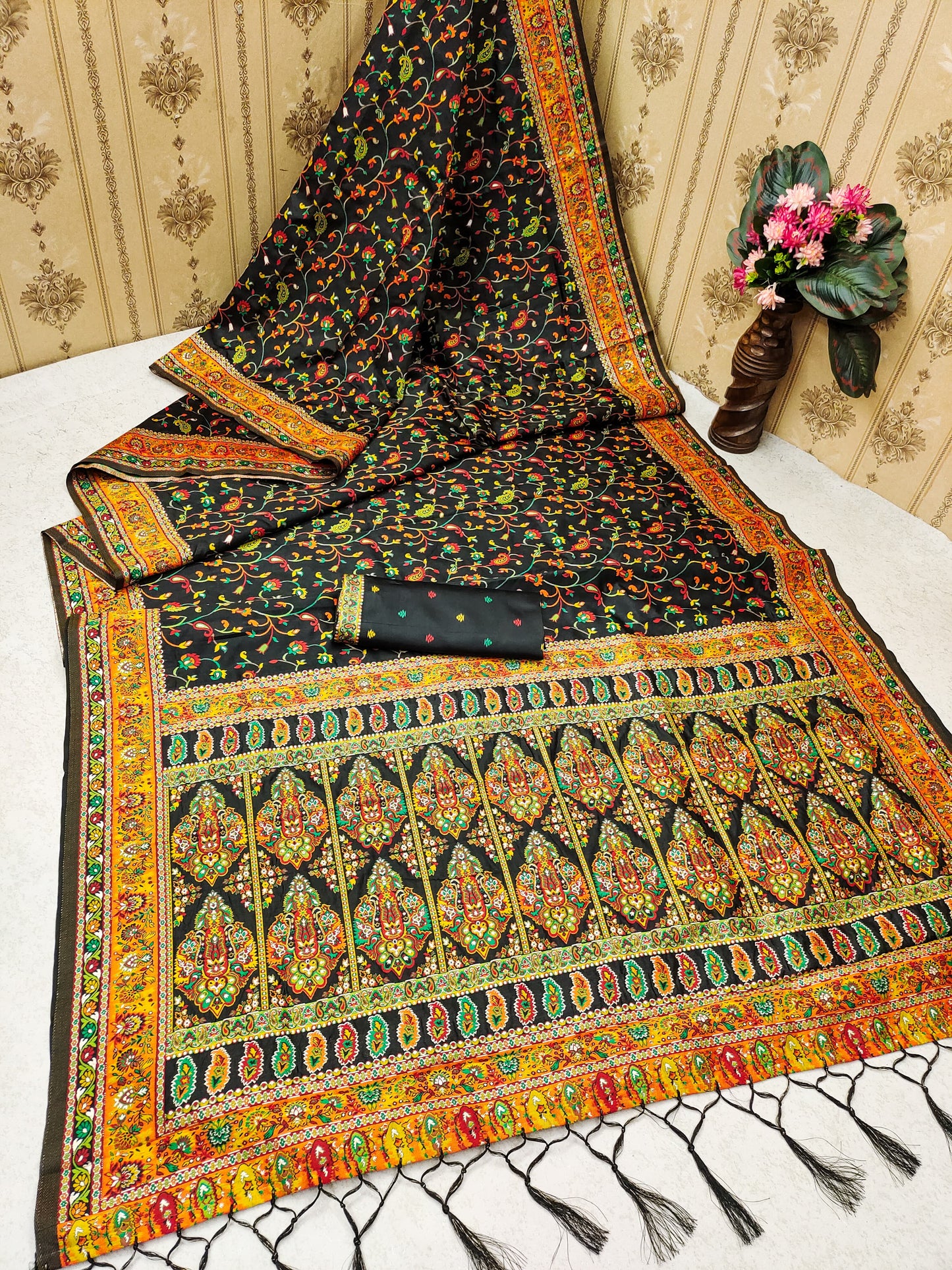 Black color pashmina silk saree with blouse