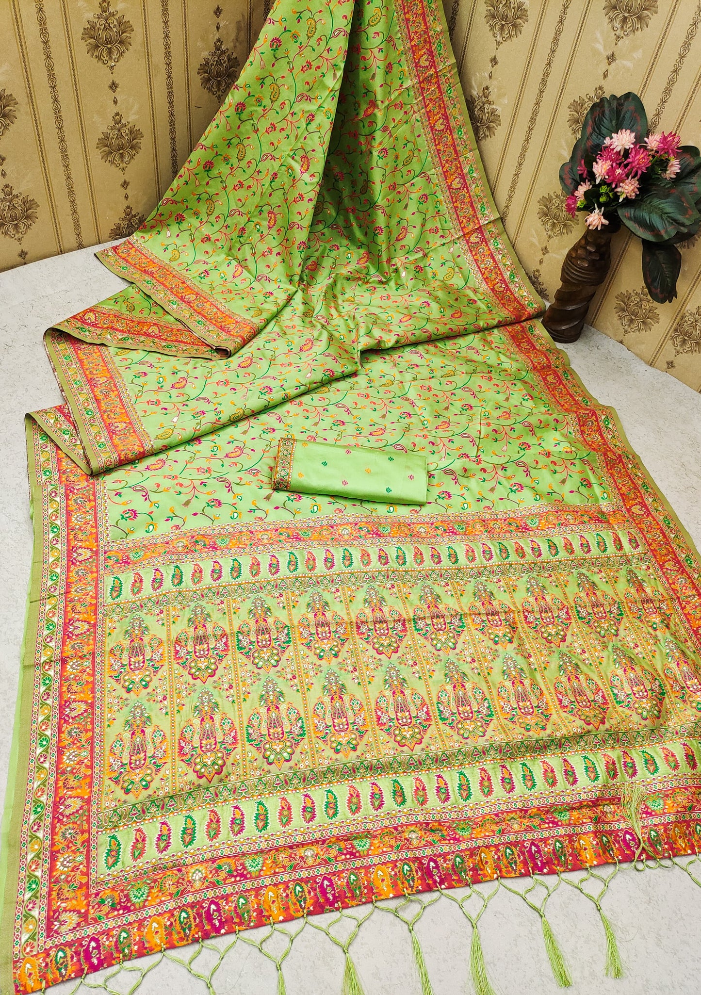 Pista color pashmina silk saree with blouse online shopping