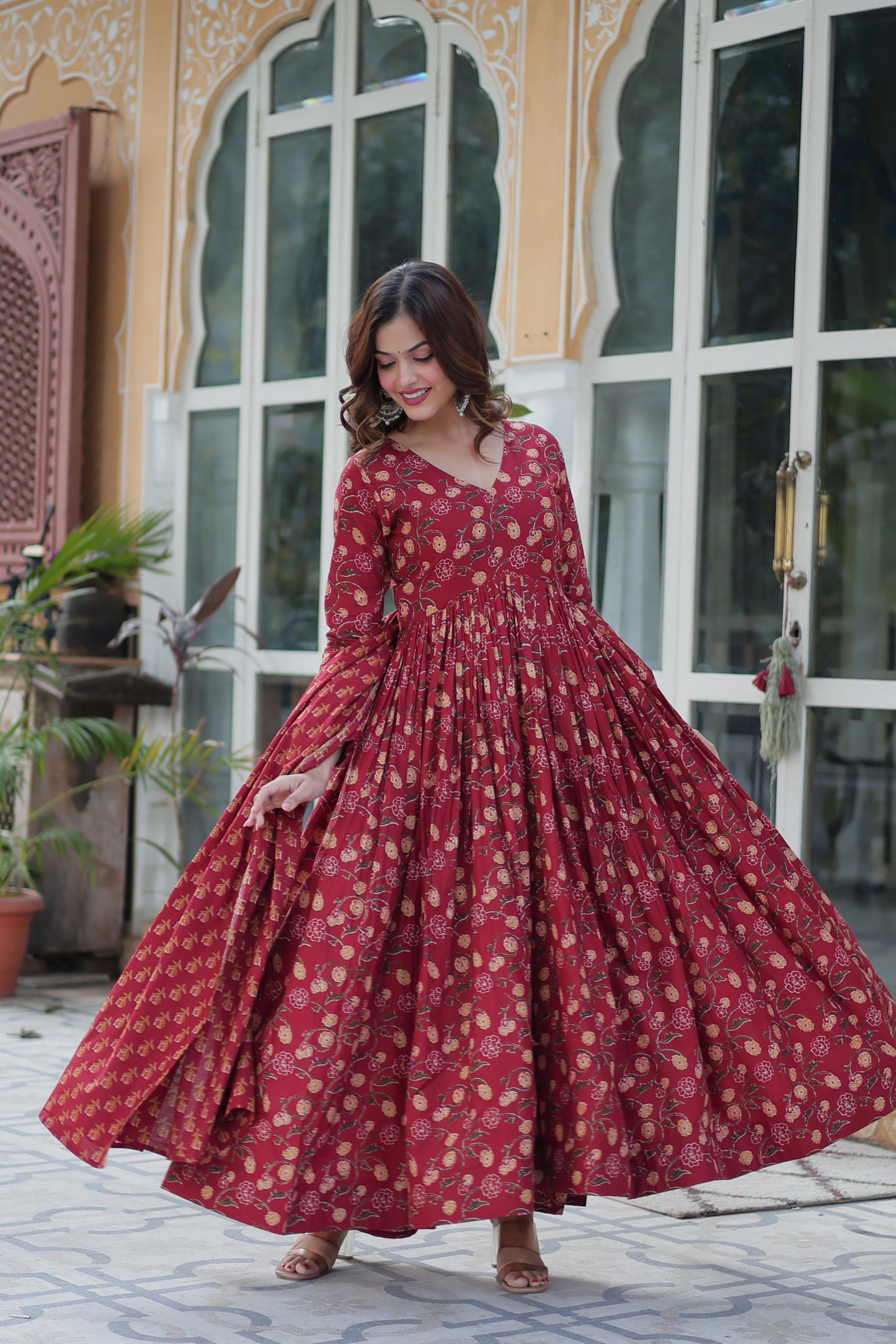 Maroon color cotton printed sharara suit for women